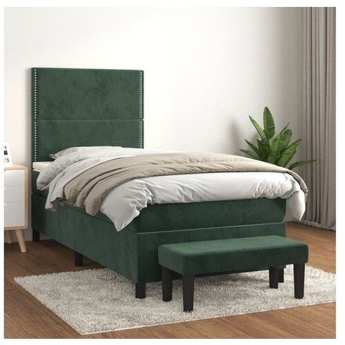 VidaXL Box spring postelja z vzmetnico temno zelena 90x200 cm žamet Slike