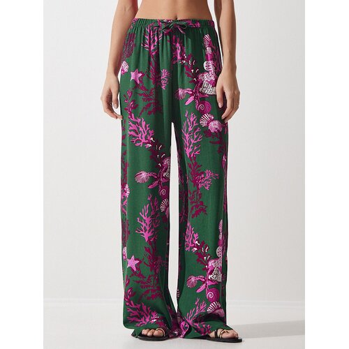 Happiness İstanbul Ženske Tamno Zelene Fuksija Šarene Lepršave Viskoza Regular fit Pantalone EN00606, Tamno Zelena Fuksija / Zelena Cene