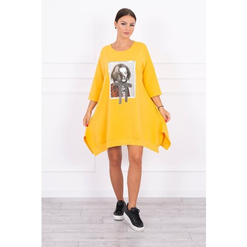 Kesi Dress with print and flared mustard bottom Slike