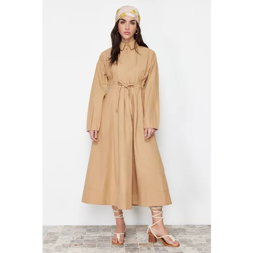 Trendyol Camel Cord and Zipper Detailed Woven Dress