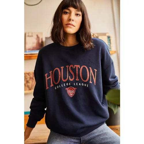 Olalook Women's Navy Blue Houston Printed Raised Sweatshirt