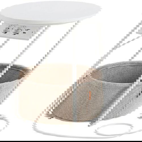 Songmics okrogla stranska mizica s polnilno postajo, mizica z vtičnico, klubska mizica, usb priključki, košara iz blaga, dnevna soba, spalnica, nočna omarica moderna, mat bela in kamelje rjava LET228, (21388877) Cene