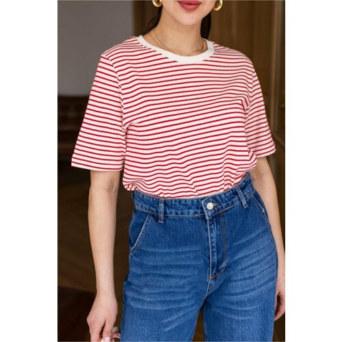 Laluvia Ecru-Red Striped Crew Neck Cotton T-Shirt Slike