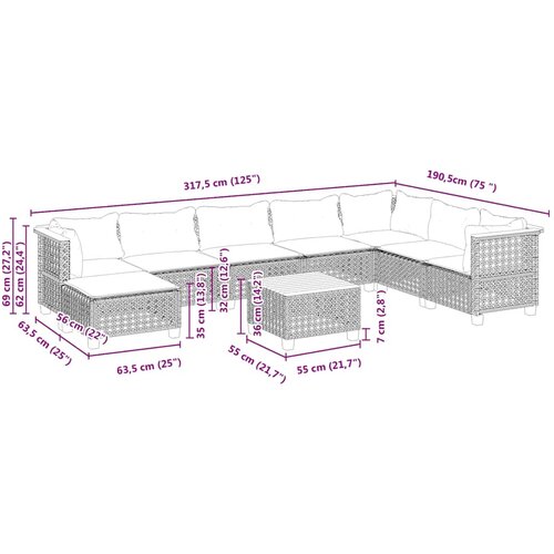  9-dijelni set vrtnih sofa s jastucima bež od poliratana 55 x 55 x 36 cm Slike