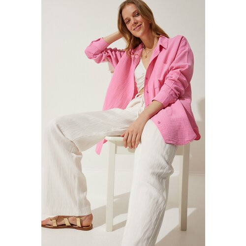 Happiness İstanbul Women's Light Pink Pocket Oversize Muslin Shirt Slike