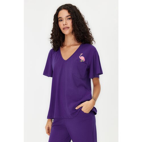 Trendyol Purple Cotton Flamingo Printed Sleeve Flounce Detailed T-shirt-Pants Knitted Pajama Set Cene