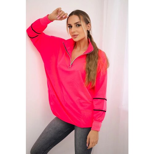 Kesi Sweatshirt with zipper and pockets in pink neon color Cene