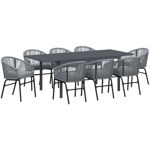 VidaXL set za blagovanje u vrtu od 10 dijelova s jastučićima sivi poli ratan, produživi vrtni stol antracit (140-210)x90x73 cm čelik Slike