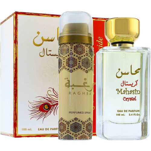 Lattafa mahasin crystal poklon set za žene parfemska voda 100 ml + deospray 50 ml Slike