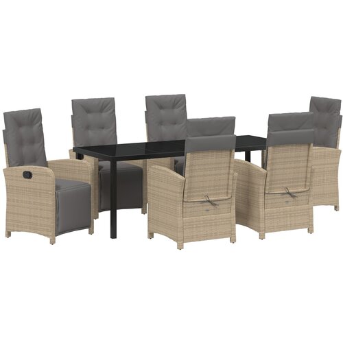 VidaXL 7-dijelni blagovaonski set za vrt s jastučićima, bež poli ratan, vrtni stol crni 200x80x73 cm s kaljenim staklom Slike