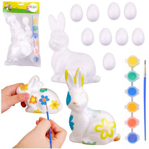  Easter Set Styrofoam Eggs 9pcs Bunny Figurine Paints Cene