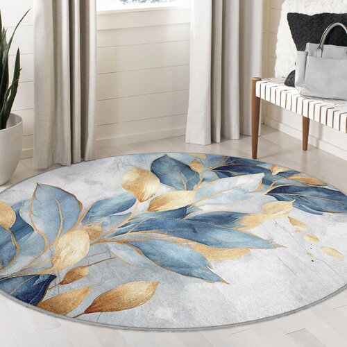Mila Home modra/zlata pralna okrogla preproga &amp;oslash; 80 cm golden leaves &amp;ndash; Slike