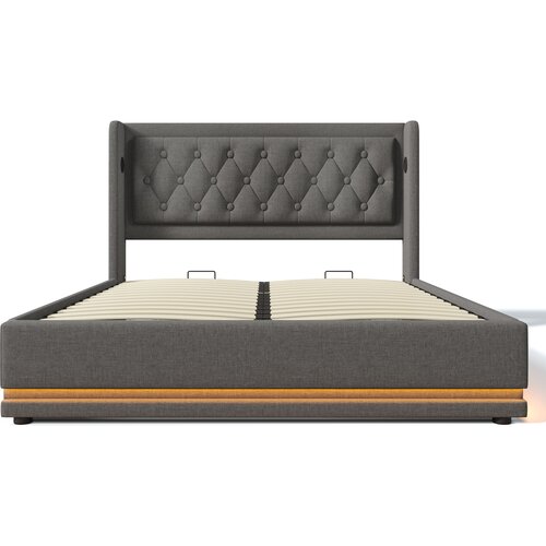 Lumor Oblazinjena postelja 180x200 cm iz bombažnega blaga, okra&amp;scaron;ena z nitmi, z USB in LED na dnu - siva, (22151573) Slike