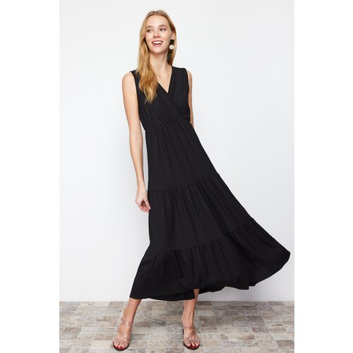 Trendyol black v-neck sleeveless a-line maxi knitted dress Slike