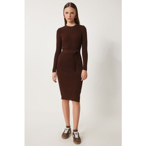  Women's Dark Brown Crew Neck Lycra Knitwear Dress Cene