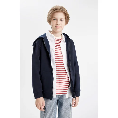 Defacto Boy's Hooded Navy Blue Zippered School Cardigan