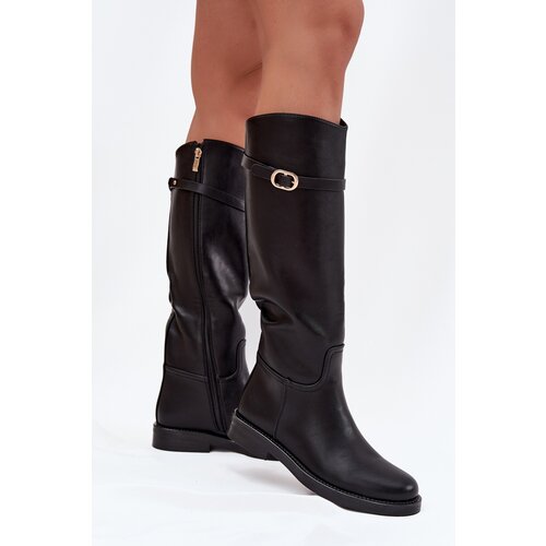 Boto Women's Flat Heel Boots with Strap and Gold Buckle Black Sylvena Cijene