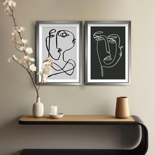 Wallxpert set od 2 uramljene MDF slike 2PANTCT-001, apstraktna lica crtana jednom linijom, crno-belo, 38 x 53 cm Slike