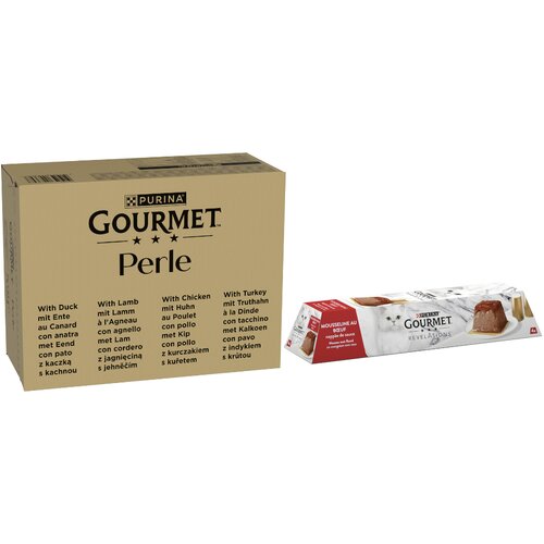 MEGA pakiranje Gourmet Perle 96 x 85 g - Perle 96 x 85 g Pačetina, janjetina, piletina, puretina u umaku + Mousse Govedina 12 x 57 g Slike