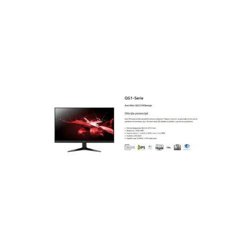 Acer 27” Nitro QG1 FHD 180HzFHD,IPS,250cd,1ms,HDMIx2,DP,SPK+Audio out,Tilt -5 20,VESA 100×100,Crna