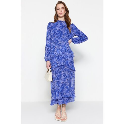 Trendyol Blue Floral Skirt Frilly Lined Woven Chiffon Dress Cene