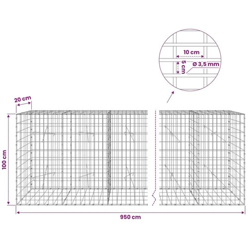  Gabion s žicom debljine 3 5 mm i mrežom 5x10 cm 950x20x100 cm - 20 cm 100 cm 950 cm Slike