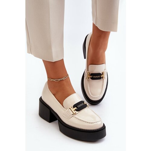 Kesi Women's patent leather loafers with chunky heels, light beige Ridulvi Slike