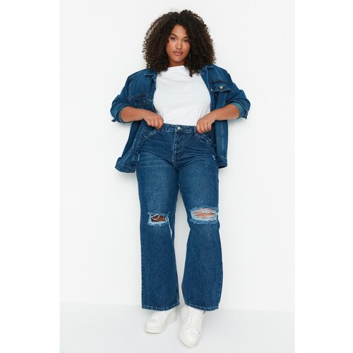 Trendyol Curve Dark Blue High Waist Wide Leg Ripped Jeans Slike