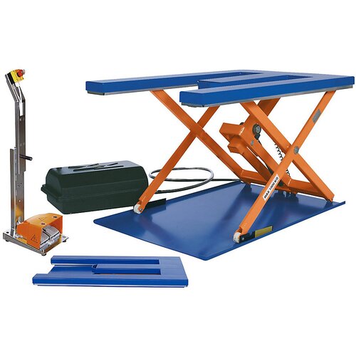 Edmolift Dvižna miza ploske oblike, DxŠ 1450 x 900 mm, dvig do 800 mm, plošča v obliki črke E, 230 V, z nožnim upravljalnim elementom Cene