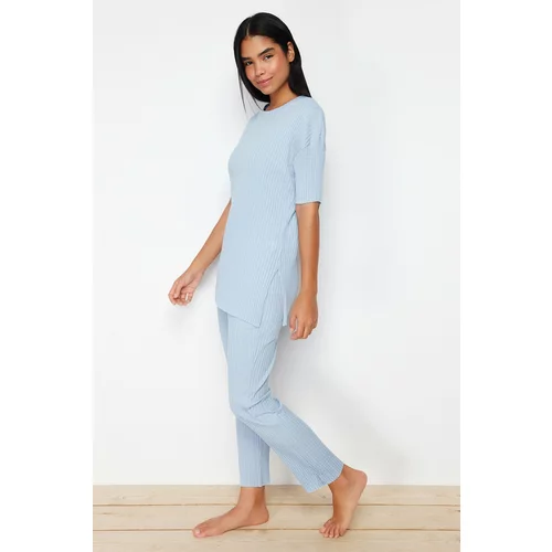 Trendyol Blue Cotton Corded Slit Detailed Knitted Pajamas Set