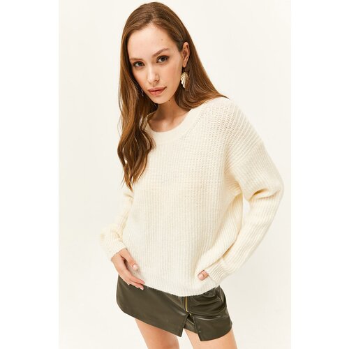 Olalook Women&amp;#039;s Ecru Crew Neck Soft Textured Knitwear Sweater Slike