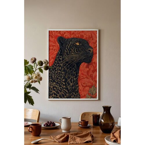 Wallxpert uramljena slika 115274, crni leopard na crvenoj pozadini, 30 x 40 cm, beli ram Cene