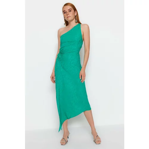 Trendyol Green Limited Edition Shirring Detailed Jacquard Satin Dress Dress