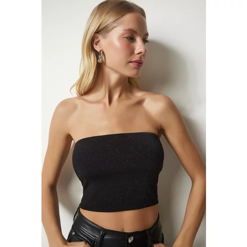 Happiness İstanbul Women's Black Glittery Strapless Crop Top