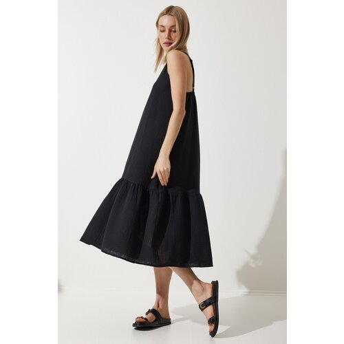  Women's Black Strap Summer Loose Muslin Dress Cene