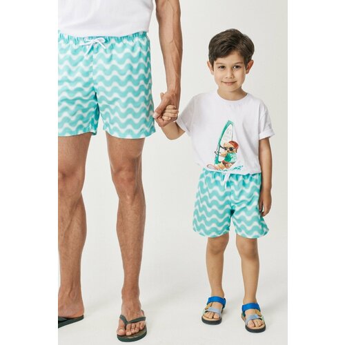 AC&Co / Altınyıldız Classics Boys' White Mint Standard Fit Regular Cut Quick Dry Kids Patterned One-Pocket Swimsuit Marine Shorts. Slike