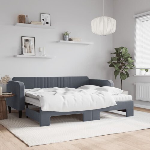VidaXL Izvlečna dnevna postelja z vzmetnico tem. siva 90x200 cm žamet Slike