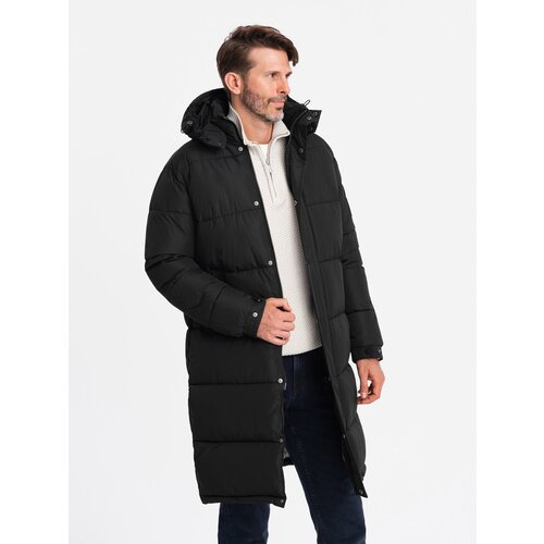 Ombre Men's quilted long jacket with detachable hood - black Cijene