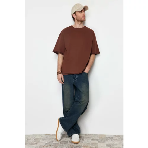 Trendyol Brown Men's Oversize Stitching Detailed 100% Cotton T-Shirt