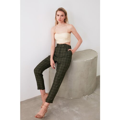 Trendyol Khaki Cigarette Checked Woven Trousers Cene