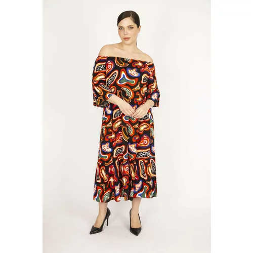 Şans Women's Colorful Plus Size Woven Viscose Fabric Collar Elastic Sleeve And Gathered Hem Dress