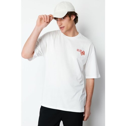 Trendyol Ecru Men's Oversize / Wide Cut Floral Printed Short Sleeve 100% Cotton T-Shirt Cene