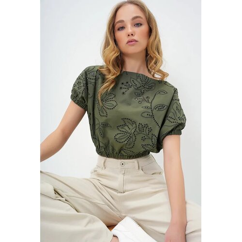 Trend Alacati Stili Ženska bluza kratkih rukava Alc-X13769, Brod izrez, Maslinasta Cene