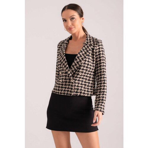 armonika Women's Dark Mink Double Breasted Collar Tweed Crop Jacket Cene