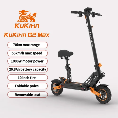 Kukirin G2 Max električni skuter: 1000 W motor, 55 km/h, 70 km dosega, 10" terenske pnevmatike, nastavljiv sedež in krmilo, (21823542)