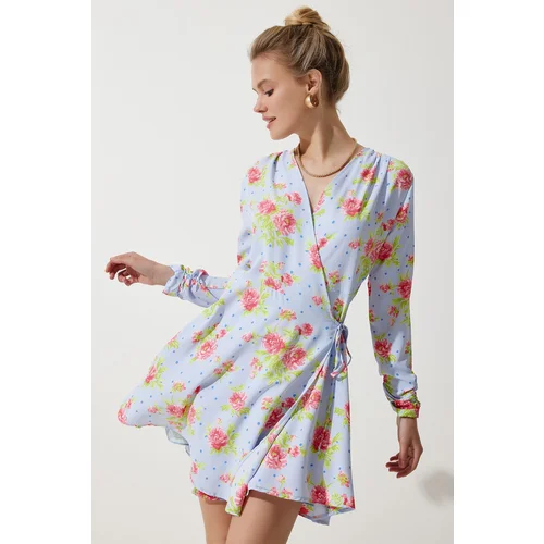  Women's Sky Blue Floral Mini Wrap Chiffon Dress