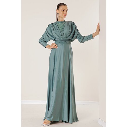 By Saygı Lined Front Beaded Satin Long Dress with Gathered Button Detailed Sleeves Cene
