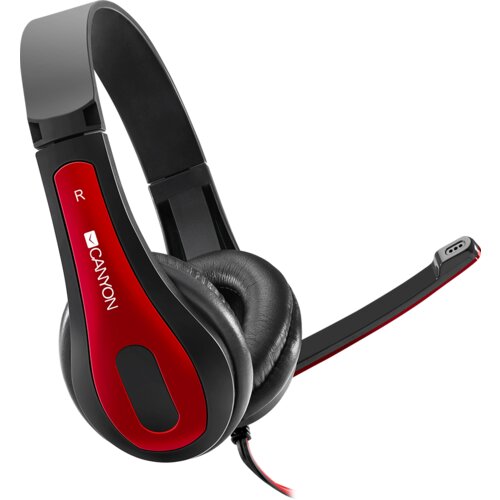 Canyon slušalke HSC-1 basic PC headset with microphone, combined 3.5mm plug, leather pads, Flat cable length 2.0m, 160*60*160mm, 0.13kg, Black-red - CNS-CHSC1BR Cene