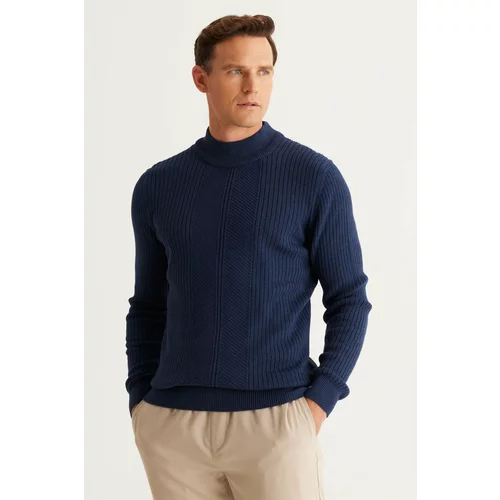 AC&Co / Altınyıldız Classics Men's Indigo Slim Fit Slim-Fit Cut Half Turtleneck Cotton Jacquard Knitwear Sweater.