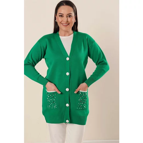 By Saygı Beads And Stones Detail With Pockets And Buttons In The Front Plus Size Acrylic Cardigan Green